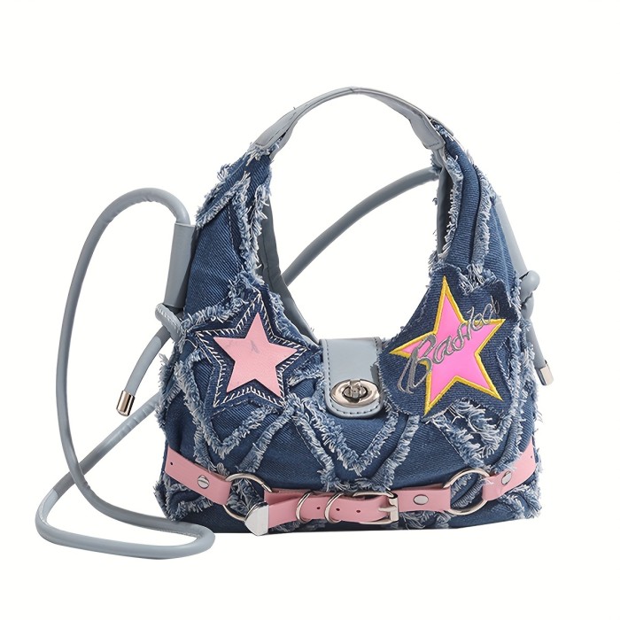 Chic Y2K-Inspired Denim Crossbody Bag with Pink Star Patch, Vintage Style Shoulder Handbag for Women, for Autumn, Spring
