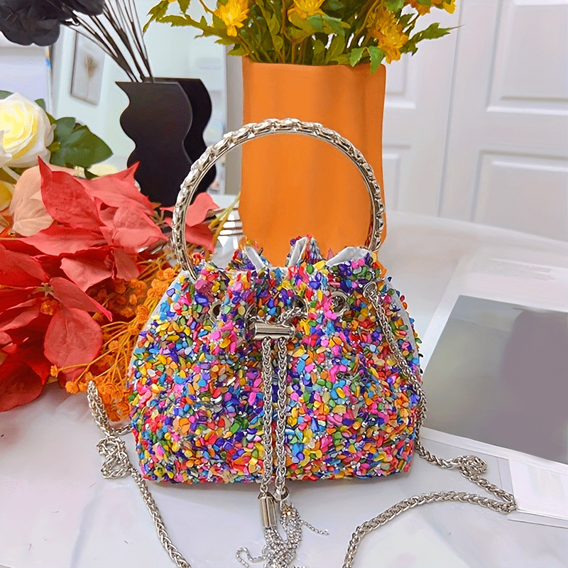 Colorful Bucket Bag For Women, Trendy Mini Chain Crossbody Bag, Luxury Drawstring Prom Purse - Perfect for Carnival Mardi Gras Music Festival