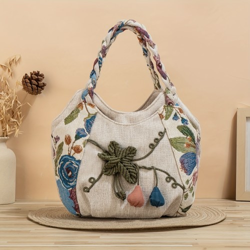 Boho Ethnic Style Small Hand-woven Satchel Bag, Classic Three-dimensional Flower Decor Travel Use Bag For Women