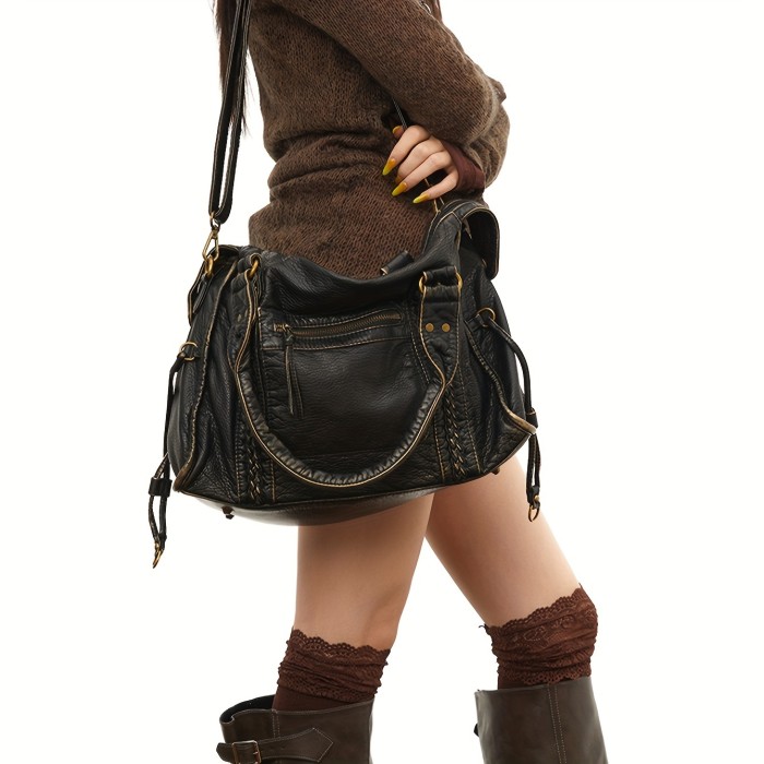 1pc Y2K Vintage Style Faux Leather Women'S Shoulder Bag, Large Capacity Soft Tote with Adjustable Strap, Zipper Closure, Polyester Lined, Edge Paint Detail