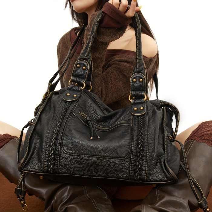 1pc Y2K Vintage Style Faux Leather Women'S Shoulder Bag, Large Capacity Soft Tote with Adjustable Strap, Zipper Closure, Polyester Lined, Edge Paint Detail