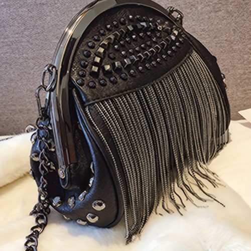 Niche Fashionable Kiss-Lock Handbag, Rivets Novelty Tassel Decor Shoulder Chain Bag For Women