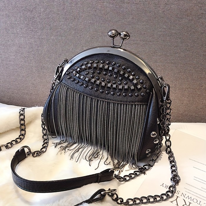Niche Fashionable Kiss-Lock Handbag, Rivets Novelty Tassel Decor Shoulder Chain Bag For Women