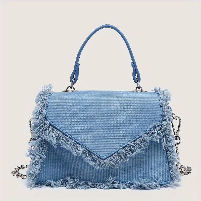 Chic Denim Blue Mini Crossbody Bag with Tassel Detail - Magnetic Closure, Polyester Lined, Fashionable Women's Shoulder Purse