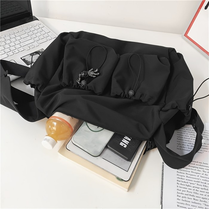 Drawstring Detail Crossbody Bag, Large Capacity Shoulder Bag, Fashion Zipper Bag With Bag Charm
