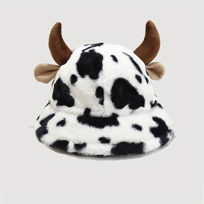 Cute Cow Print Fuzzy Bucket Hat For Women Girls Black & White Warm Furry Hats Winter Coldproof Fisherman Cap