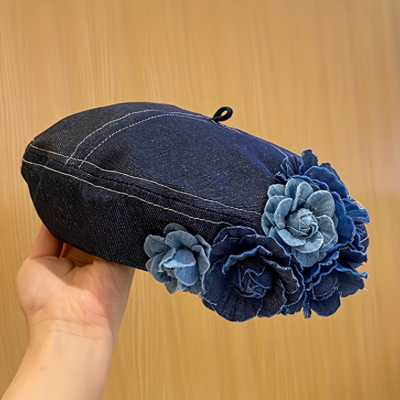 Womens Retro Blue Denim Flower Embellished Beret Hat - Fashion-Forward & Breathable, Perfect for Outdoor Adventures and Travel - Stylish, Comfortable, Adjustable Fit