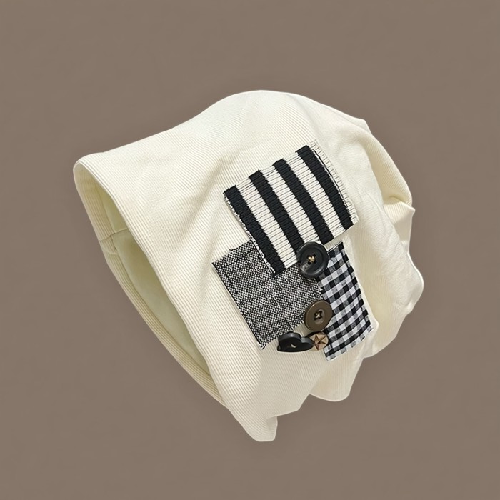 Women's Striped Patchwork Cotton Beanie with Button Accents - Elastic Knit Skull Cap, Lightweight, Toggle Closure - Festive Holiday Theme for New Year's Celebrations