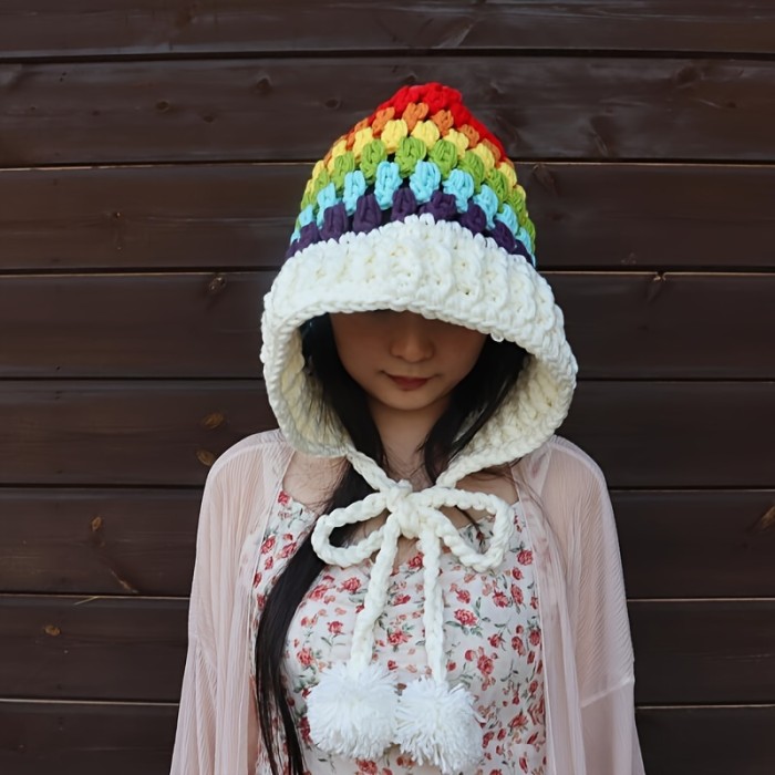 Rainbow Striped Oversized Ear Flap Hat Thick Warm Beanies Pom Pom Pendant Skull Cap Classic Elf Hat For Women Female Autumn & Winter
