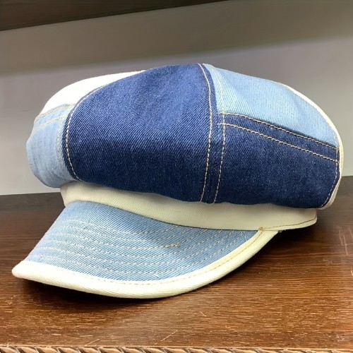 Blue Denim Patchwork Newsboy Hat Classic 8 Panels Newsboy Cap Cabbie Hats Unisex Octagonal Cap For Women & Men