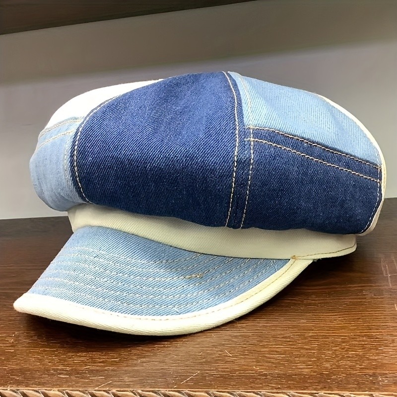 Blue Denim Patchwork Newsboy Hat Classic 8 Panels Newsboy Cap Cabbie Hats Unisex Octagonal Cap For Women & Men