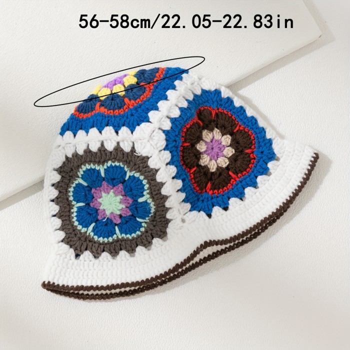 Handmade Acrylic Knit Beanie Hat with Daisy Pattern - Lightweight, Non-Stretch Craftsmanship, Flower Motif Knitted Skull Cap