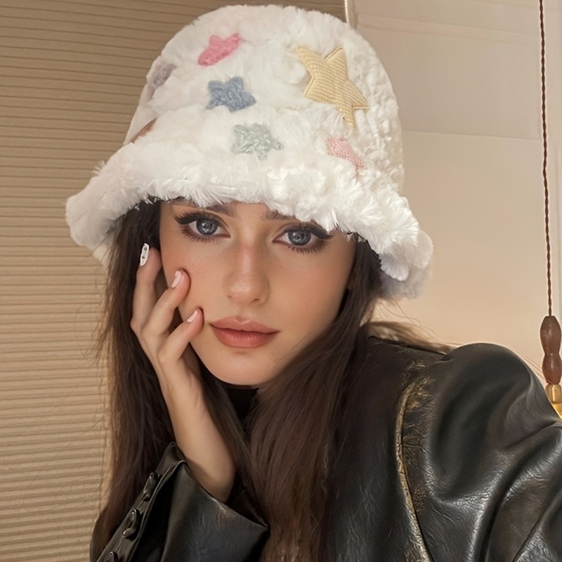 1pc Women'S Plush Bucket Hat with Colorful Star Embellishments, Polyester Non-Stretch Fabric, Knitted Fisherman Cap with Wide Brim, Foldable and Dry Clean Only
