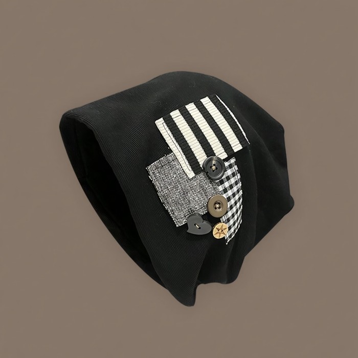 Women's Striped Patchwork Cotton Beanie with Button Accents - Elastic Knit Skull Cap, Lightweight, Toggle Closure - Festive Holiday Theme for New Year's Celebrations