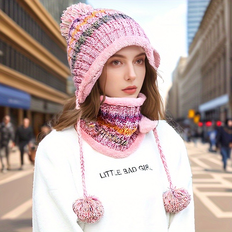 New Year Elastic Knit Beanie and Scarf Set for Women - Warm Acrylic Pom-Pom Skull Cap with Toggle Closure, Breathable Hand-Knit Winter Hat with Ear Protection - 100% Acrylic Composition, Hand Washable