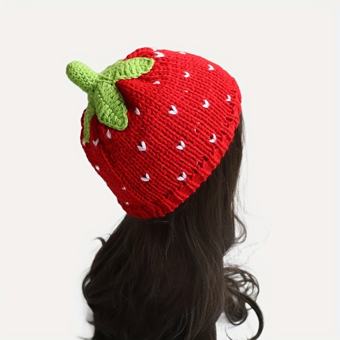 Cute Red Strawberry Beanie Cartoon Fruit Knit Hats Elastic Skull Cap Warm Beanies For Women Daily Use Autumn & Winter