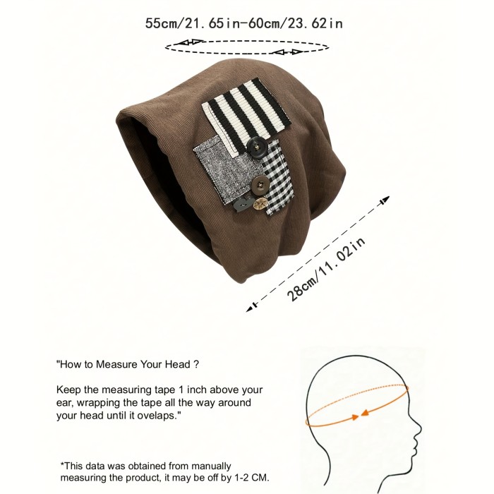 Women's Striped Patchwork Cotton Beanie with Button Accents - Elastic Knit Skull Cap, Lightweight, Toggle Closure - Festive Holiday Theme for New Year's Celebrations