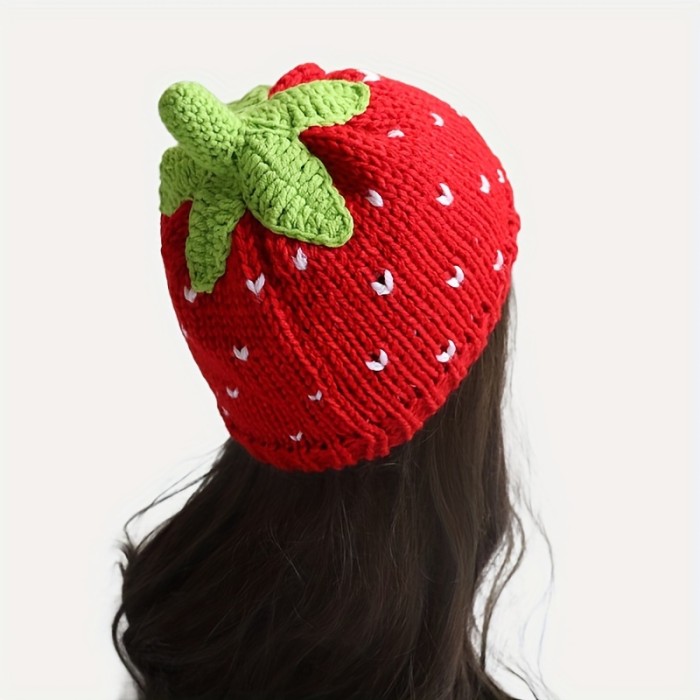 Cute Red Strawberry Beanie Cartoon Fruit Knit Hats Elastic Skull Cap Warm Beanies For Women Daily Use Autumn & Winter