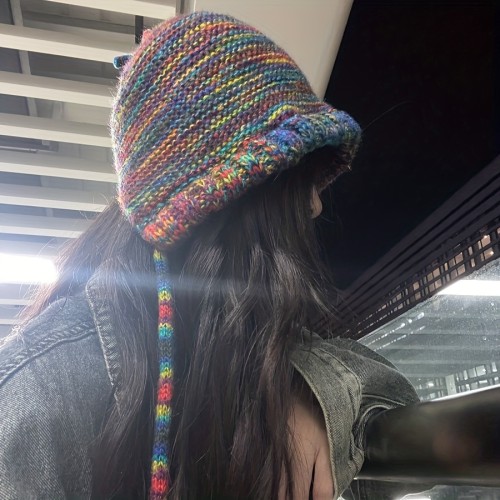 Colorful Ear Protection Warm Bucket Hat, Ethnic Style Windproof Versatile Knitted Hat With Ear Flap Design