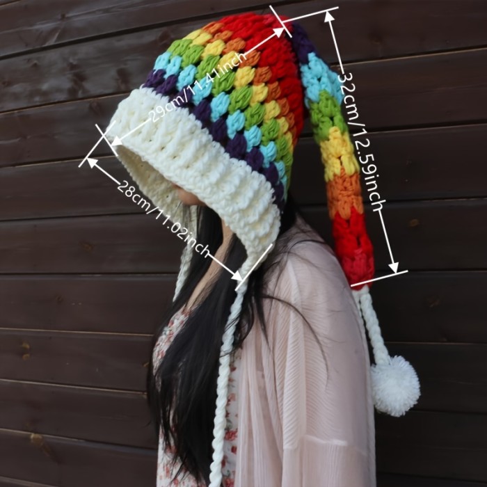 Rainbow Striped Oversized Ear Flap Hat Thick Warm Beanies Pom Pom Pendant Skull Cap Classic Elf Hat For Women Female Autumn & Winter