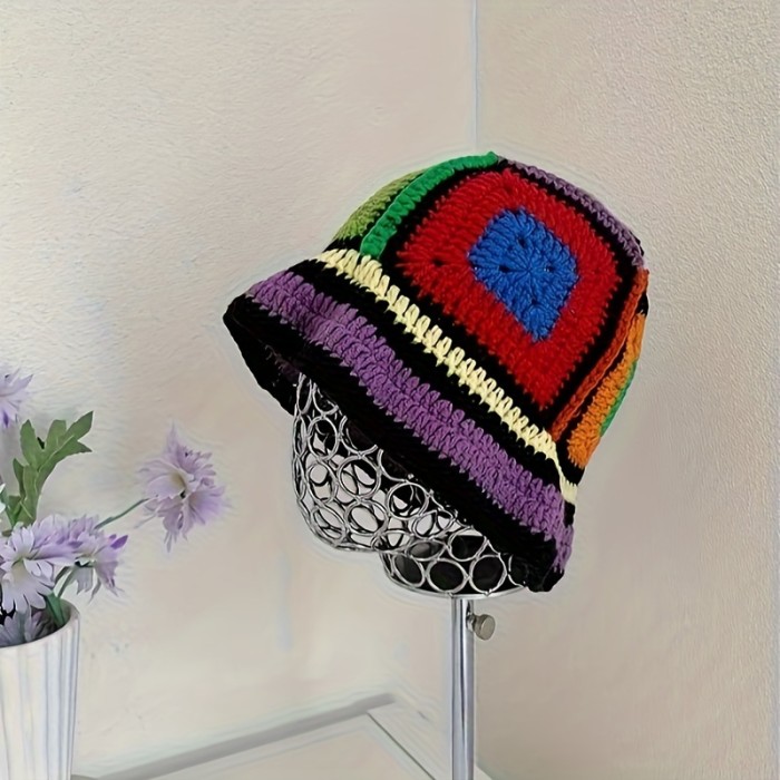 Women's Crochet Knitted Basin Hat, Personalized Colorful Bucket Hat, Lightweight Elastic Fisherman Hat