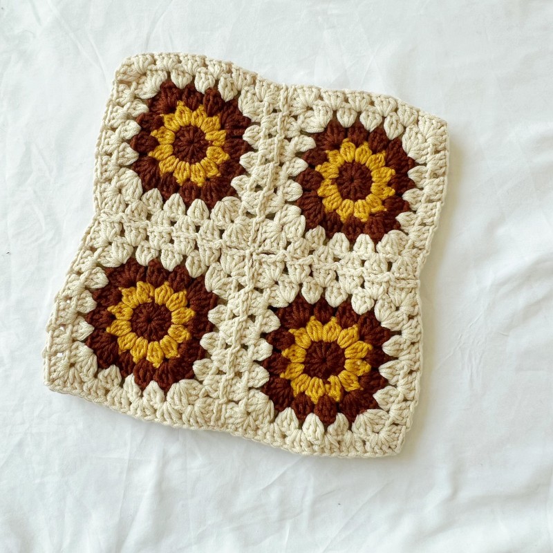Chic Sunflower Crochet Beanie with Cute Cat Ears - Cozy Cotton Blend, Stretch Fit, Hand Washable - Perfect for Casual Wear
