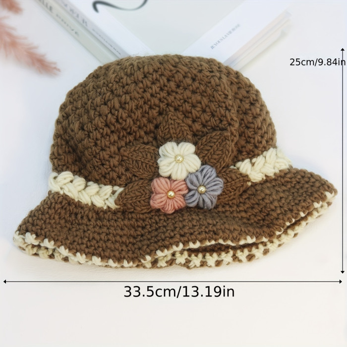 Vintage Flower Crochet Bucket Hat Thick Coldproof Basin Hats Warm Fisherman Cap For Women daily use Autumn & Winter