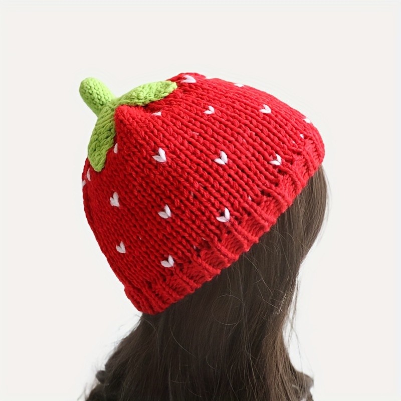 Cute Red Strawberry Beanie Cartoon Fruit Knit Hats Elastic Skull Cap Warm Beanies For Women Daily Use Autumn & Winter