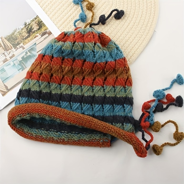 Cozy Hand-Knit Colorful Striped Beanie with Ear Flaps - Thick, Warm & Windproof for Women | Perfect for Autumn & Winter