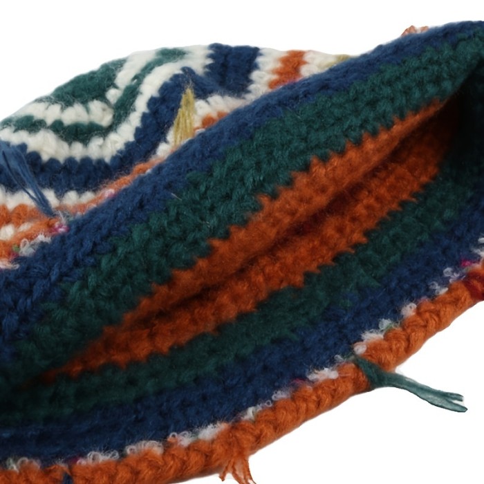 1pc Vintage Crochet Tassel Striped Beanie - Acrylic Handmade Knit Hat for Women, Elastic Graduated Color Winter Cap, Lightweight with Professional Dry Clean Care Instructions