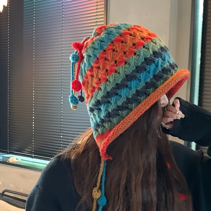 Cozy Hand-Knit Colorful Striped Beanie with Ear Flaps - Thick, Warm & Windproof for Women | Perfect for Autumn & Winter