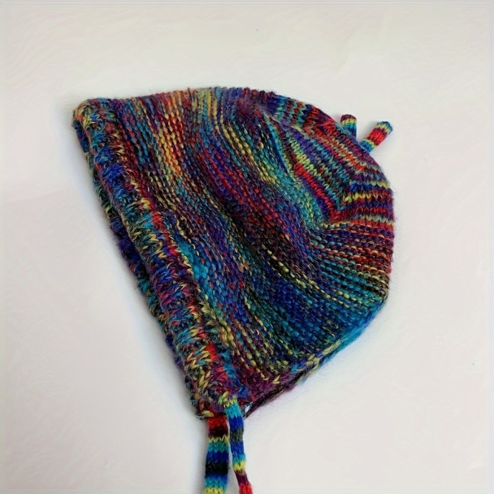Rainbow Knit Beanie Hat for Women - Soft Polyester, Hand Washable, Non-Stretchy, Collapsible Design