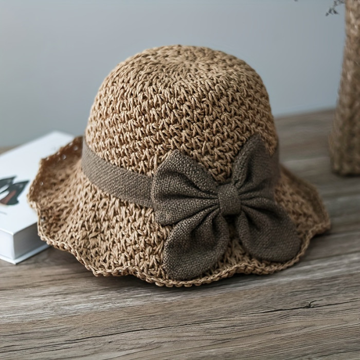 Elegant French Style Sun Hat for Women - Hand-Woven Linen Bucket Cap with Retro Ruffle Brim and Butterfly Knot, Breathable, Foldable Travel Beach Hat with No Feathers, Elastic and Washable