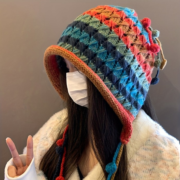 Cozy Hand-Knit Colorful Striped Beanie with Ear Flaps - Thick, Warm & Windproof for Women | Perfect for Autumn & Winter