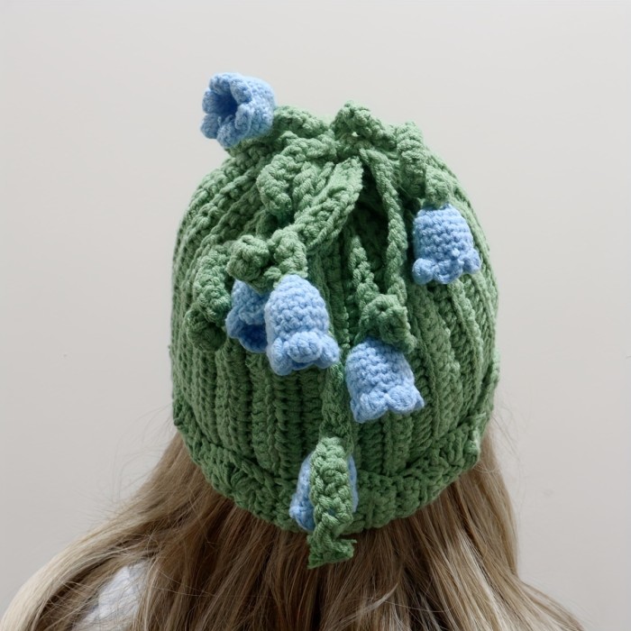 Handmade Crochet Knit Women's Beanie - Acrylic Winter Warm Cap with Fresh Lily Flower Blossoms, Drawstring Furry Hat for Christmas, Movie Themed Inelastic Green