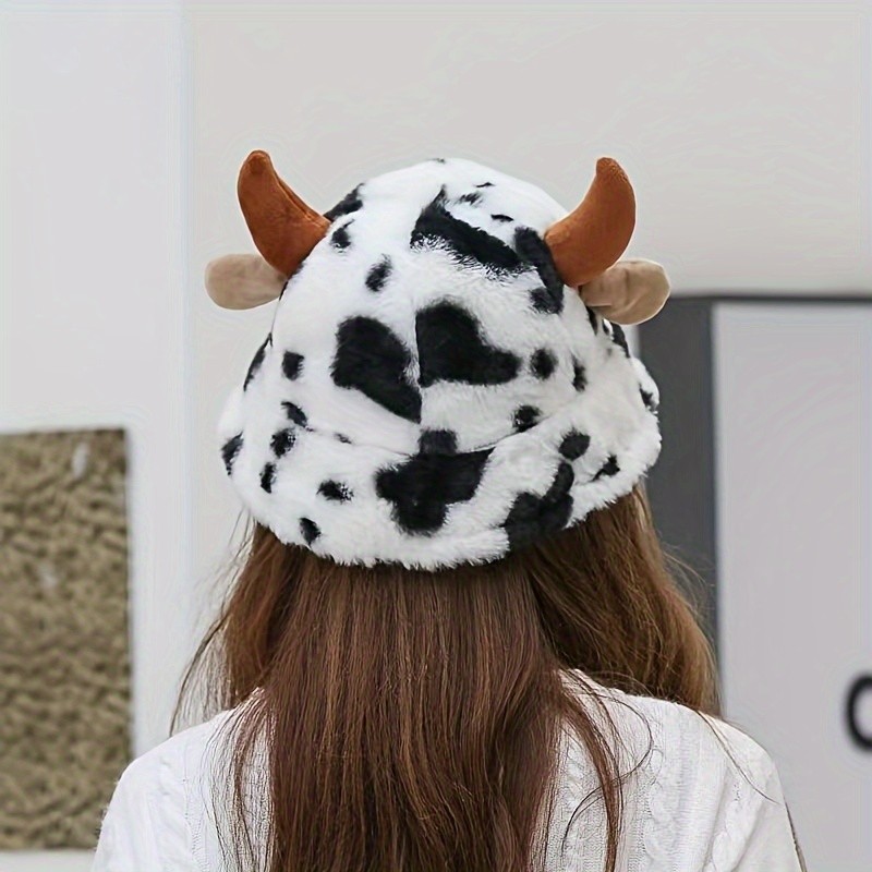Cute Cow Print Fuzzy Bucket Hat For Women Girls Black & White Warm Furry Hats Winter Coldproof Fisherman Cap