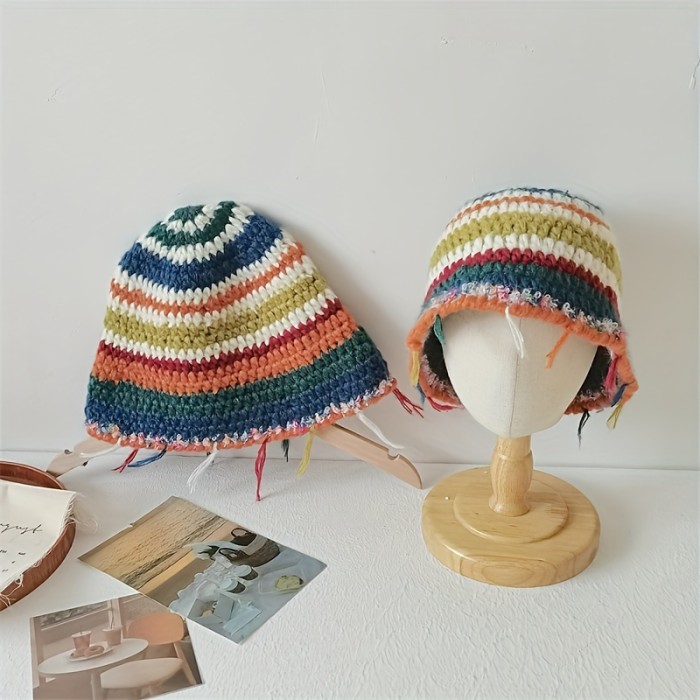 1pc Vintage Crochet Tassel Striped Beanie - Acrylic Handmade Knit Hat for Women, Elastic Graduated Color Winter Cap, Lightweight with Professional Dry Clean Care Instructions