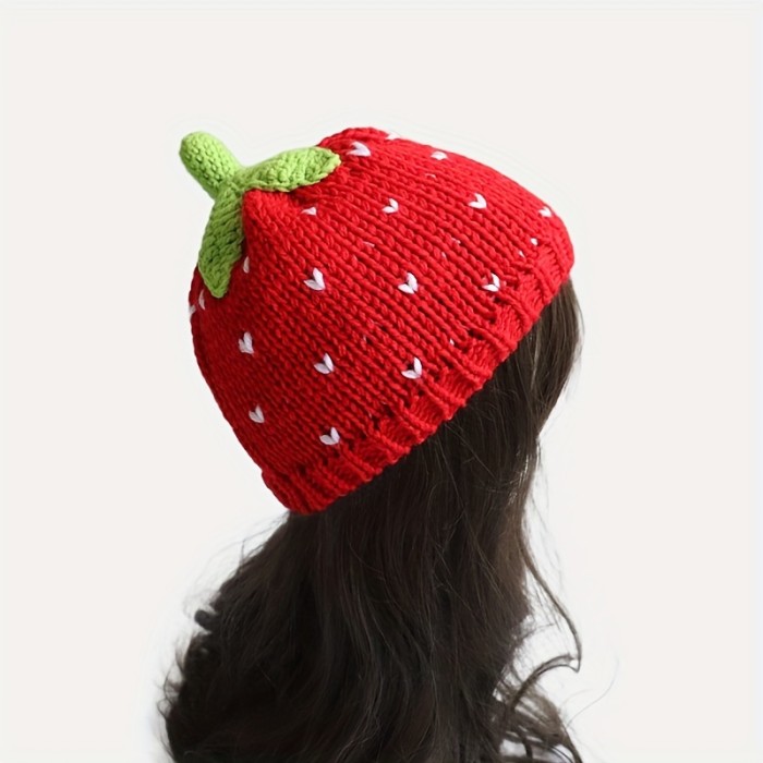 Cute Red Strawberry Beanie Cartoon Fruit Knit Hats Elastic Skull Cap Warm Beanies For Women Daily Use Autumn & Winter