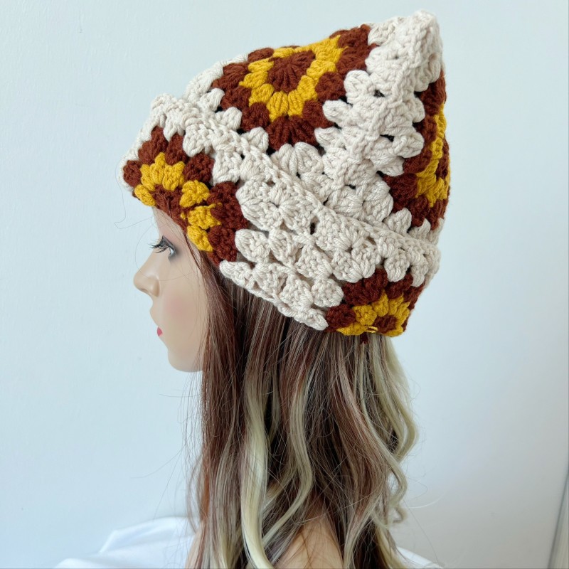 Chic Sunflower Crochet Beanie with Cute Cat Ears - Cozy Cotton Blend, Stretch Fit, Hand Washable - Perfect for Casual Wear