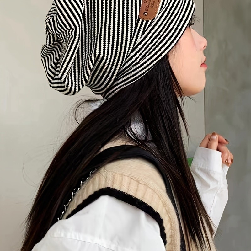 Trendy Label Patch Slouchy Beanie Lightweight Elastic Skull Cap Black & White Striped Windproof Warm Beanies For Women Autumn & Winter