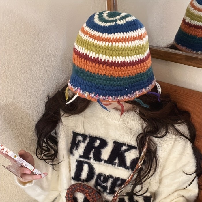 1pc Vintage Crochet Tassel Striped Beanie - Acrylic Handmade Knit Hat for Women, Elastic Graduated Color Winter Cap, Lightweight with Professional Dry Clean Care Instructions