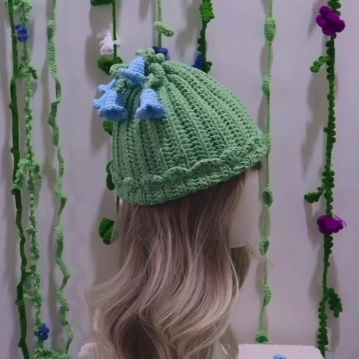 Handmade Crochet Knit Women's Beanie - Acrylic Winter Warm Cap with Fresh Lily Flower Blossoms, Drawstring Furry Hat for Christmas, Movie Themed Inelastic Green