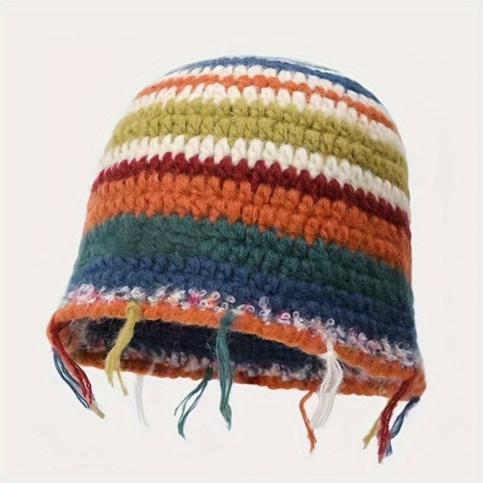 1pc Vintage Crochet Tassel Striped Beanie - Acrylic Handmade Knit Hat for Women, Elastic Graduated Color Winter Cap, Lightweight with Professional Dry Clean Care Instructions