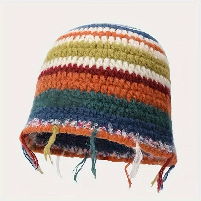 1pc Vintage Crochet Tassel Striped Beanie - Acrylic Handmade Knit Hat for Women, Elastic Graduated Color Winter Cap, Lightweight with Professional Dry Clean Care Instructions