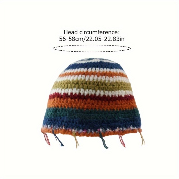 1pc Vintage Crochet Tassel Striped Beanie - Acrylic Handmade Knit Hat for Women, Elastic Graduated Color Winter Cap, Lightweight with Professional Dry Clean Care Instructions