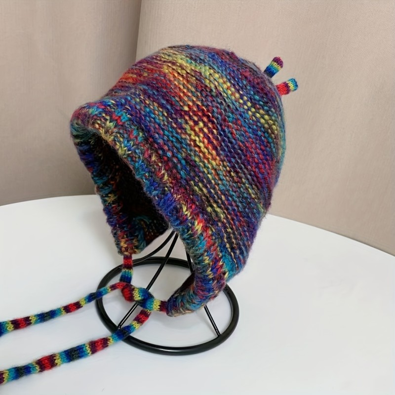 Rainbow Knit Beanie Hat for Women - Soft Polyester, Hand Washable, Non-Stretchy, Collapsible Design
