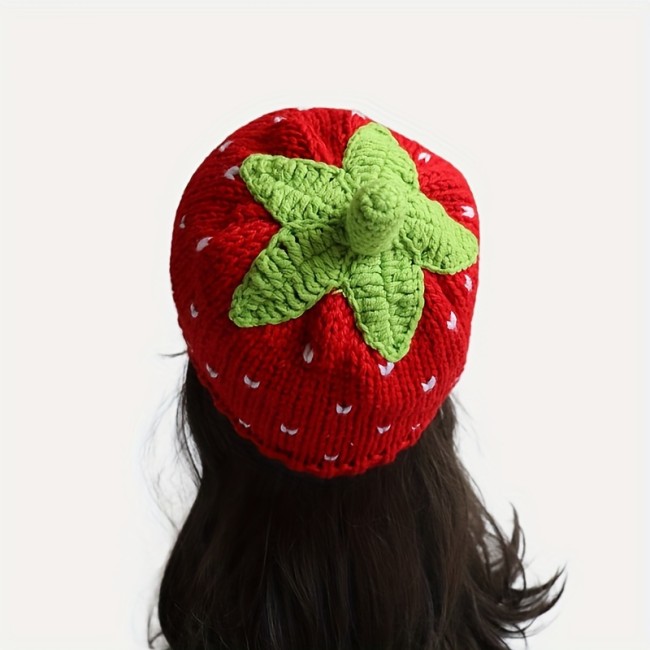Cute Red Strawberry Beanie Cartoon Fruit Knit Hats Elastic Skull Cap Warm Beanies For Women Daily Use Autumn & Winter