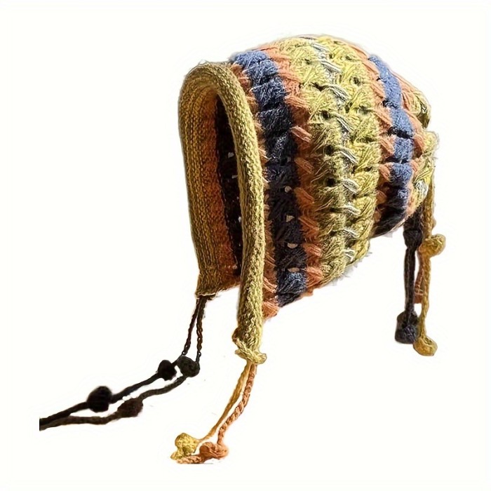 Cozy Hand-Knit Colorful Striped Beanie with Ear Flaps - Thick, Warm & Windproof for Women | Perfect for Autumn & Winter