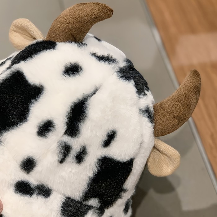 Cute Cow Print Fuzzy Bucket Hat For Women Girls Black & White Warm Furry Hats Winter Coldproof Fisherman Cap