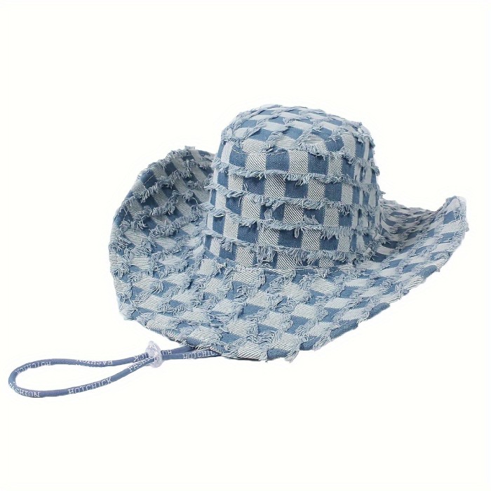 Raw Hem Denim Cowboy Hat Trendy Checkered Washed Distressed Blue Sun Hats Outdoor Hiking Fishing Boonie Cap For Women